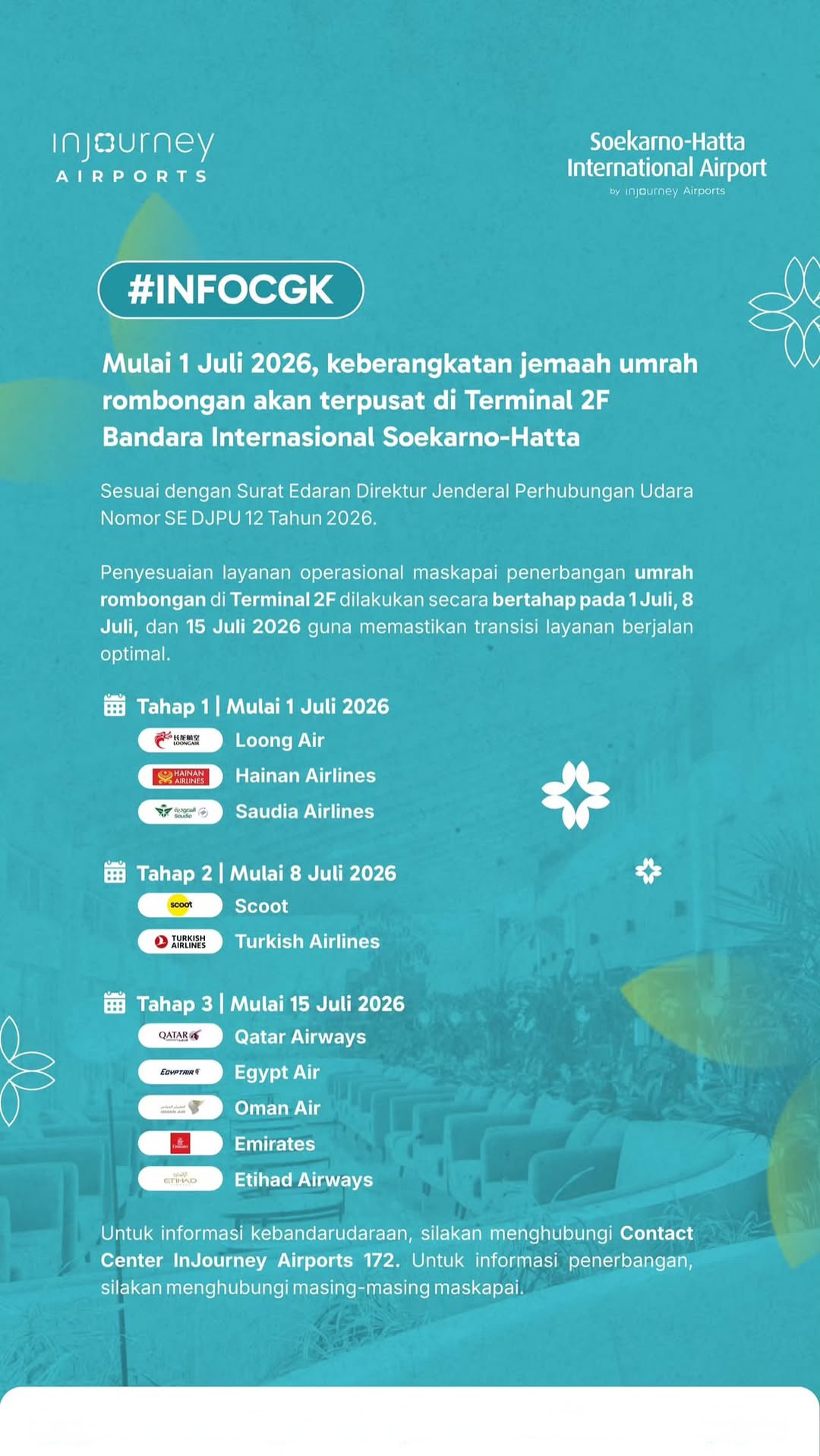#INFOCGK : Keberangkatan Umrah Rombongan Pindah ke Terminal 2F Mulai 1 Juli 2026