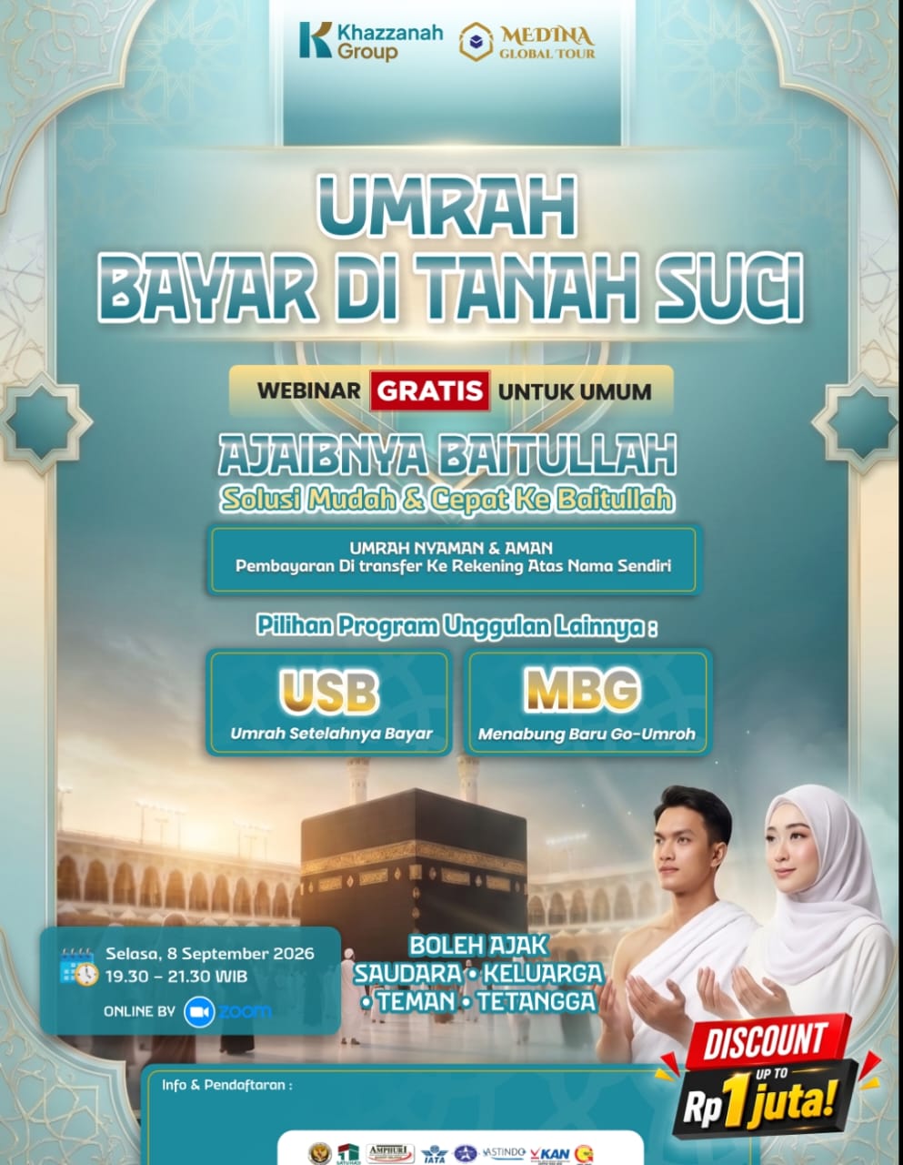 Poster Webinar Ajaibnya Baitullah — Umrah Bayar di Tanah Suci, Selasa 8 September 2026